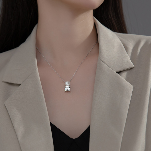 A35348 925 sterling silver pendant fashion square rhinestone necklace