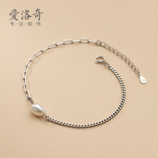 A33334 s925 sterling silver unique fashion asymmetric chain pearl chic simple bracelet
