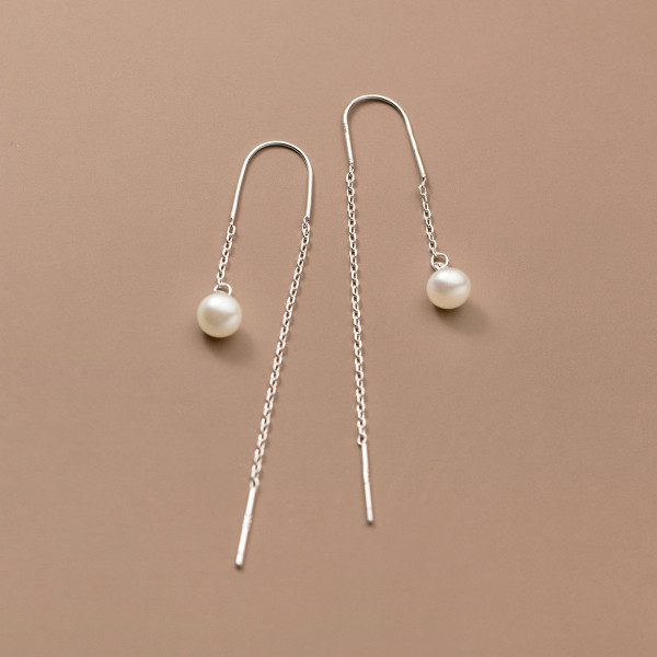 A40594 s925 silver long pearl string sweet elegant simple earrings