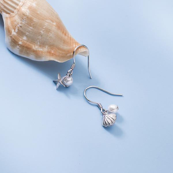 A31728 s925 sterling silver asymmetric starfish shell pearl earrings