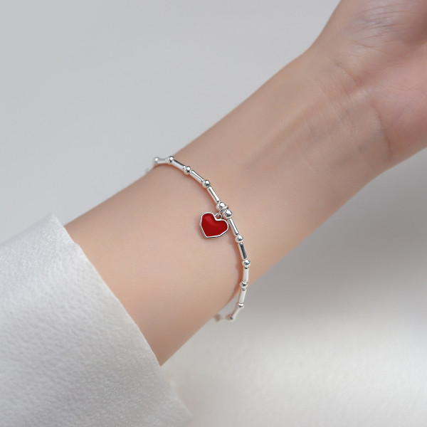 A36081 s925 sterling silver heart stretchy rope charm bracelet