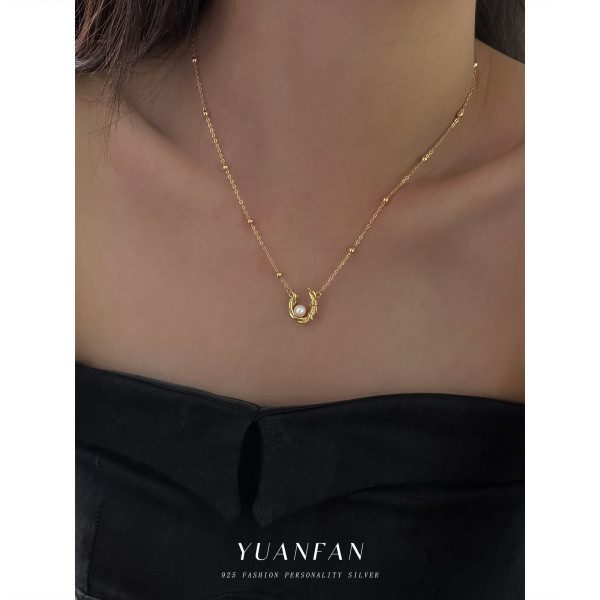 A43000 s925 sterling silver vintage pearl simple design gold pendant necklace