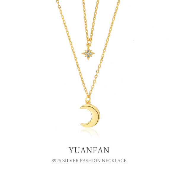 A38635 sterling silver double doublelayer layered moon cubic zirconia necklace