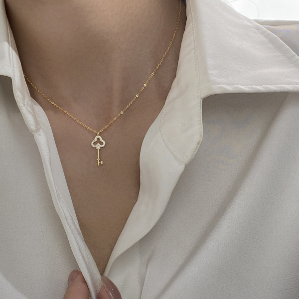 A43259 s925 sterling silver rhinestone key vintage simple elegant necklace