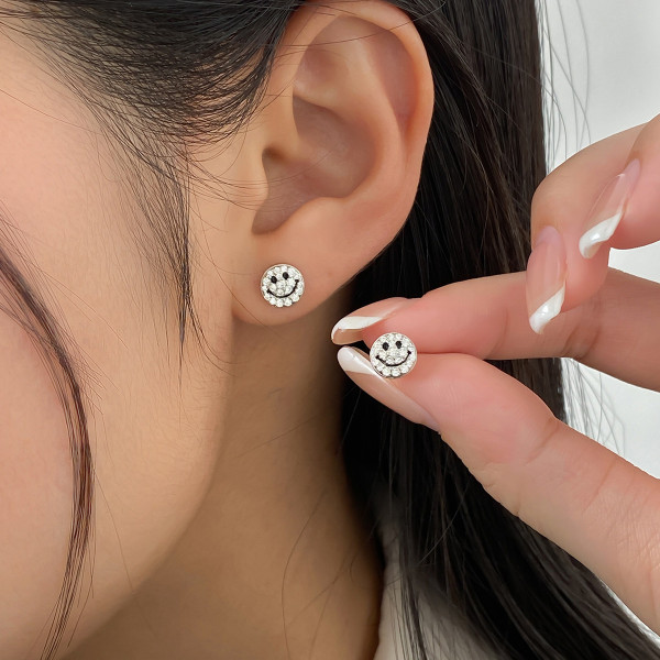 A43834 s925 sterling silver hot smile simple fashion rhinestone smilingface stud earrings