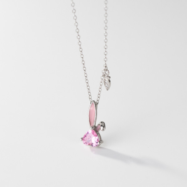 A38974 s925 sterling silver pink rhinestone heart rabbit cute design necklace