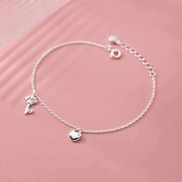 A38062 s925 sterling silver rhinestone heart crown key charm design bracelet