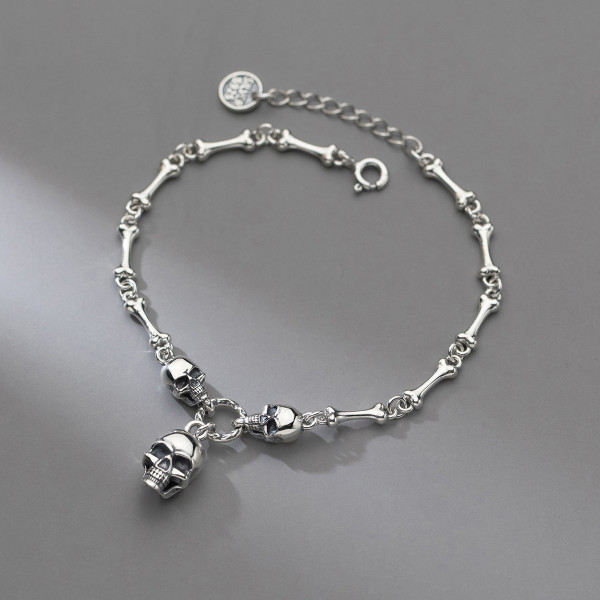 A40583 s925 silver thai skull charm unique hollowed bracelet