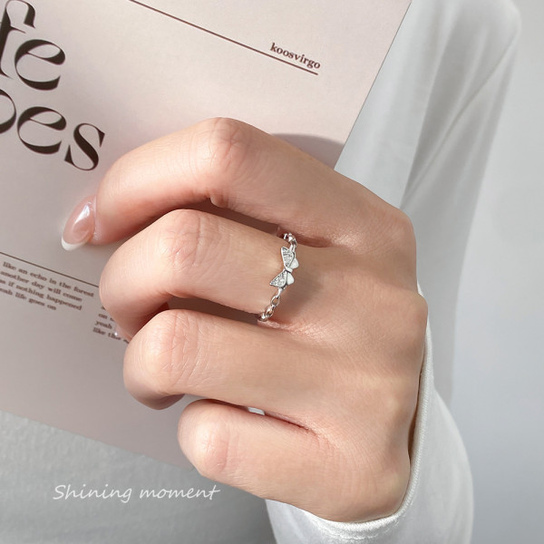 A45314 s925 sterling silver trendy sweet rhinestone butterfly chain bar ring