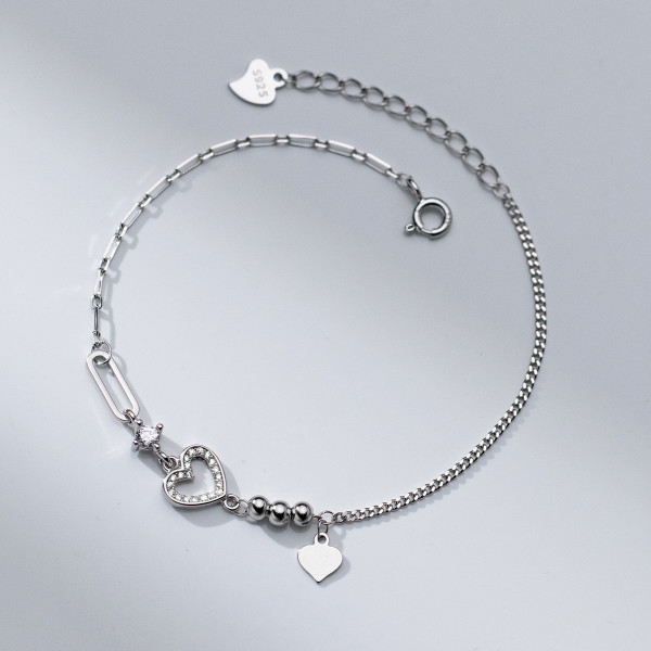 A42473 s925 sterling silver rhinestone hollowed heart charm sweet bracelet