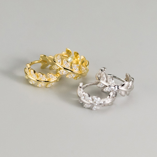 A43378 s925 silver rhinestone sweet circle elegant tree leaf earrings