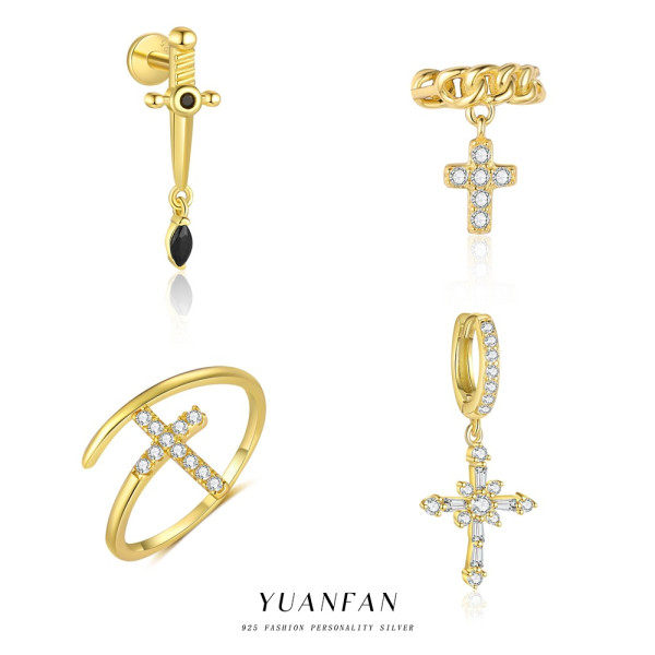 A45520 s925 sterling silver geometric cross rhinestone stud trendy earrings