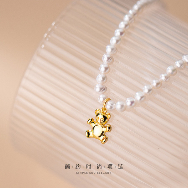 A32408 s925 sterling silver bear pearl short sweet chic necklace