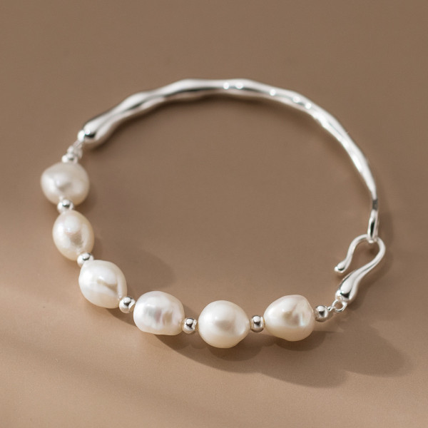 A45565 s925 silver fresh water pearl charm sweet dainty bangle bracelet