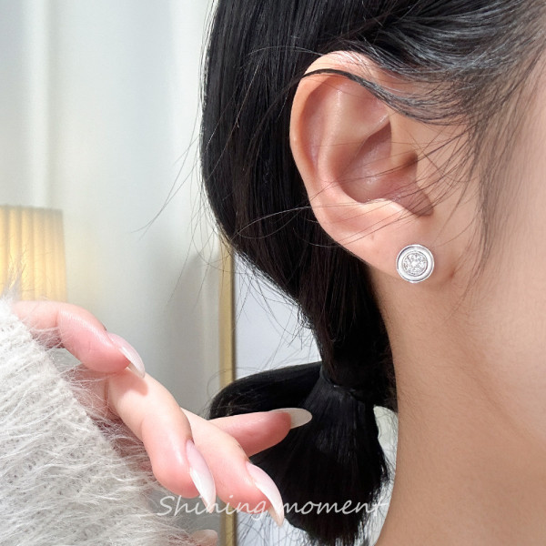 A42892 s925 silver circle shell cute simple rhinestone stud fashion earrings