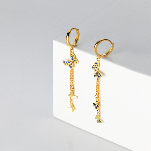 A33649 s925 sterling silver long butterfly tassel chic rhinestone trendy earrings