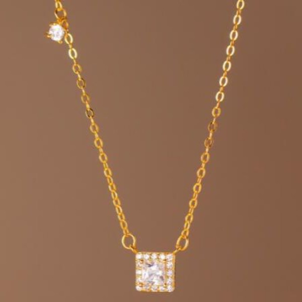A40188 s925 silver simple elegant square rhinestone geometric necklace