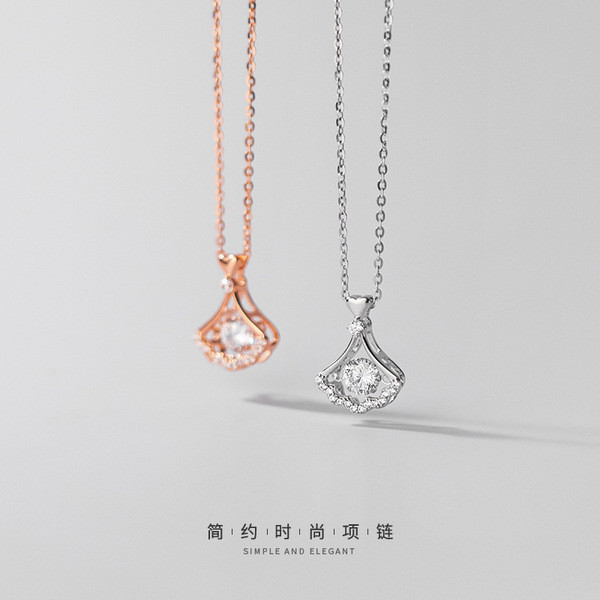 A32405 s925 sterling silver chic rhinestone fanshape pendant necklace