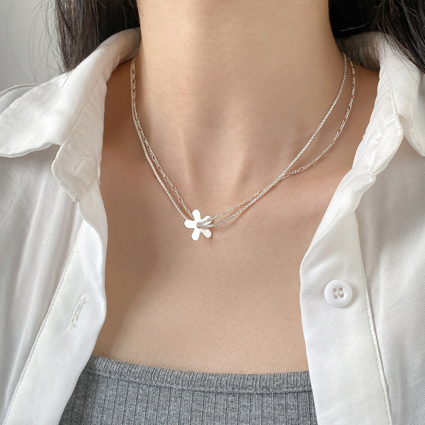 A45781 s925 silver trendy sweet dainty double layered flower necklace
