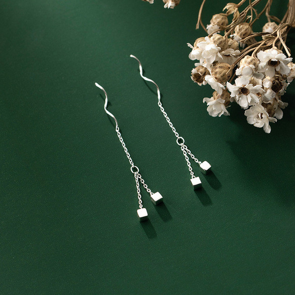 A33854 s925 sterling silver simple square tassel weave string short chic earrings