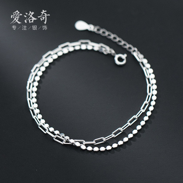 A33377 s925 sterling silver simple doublelayer plate square geometric charm bracelet