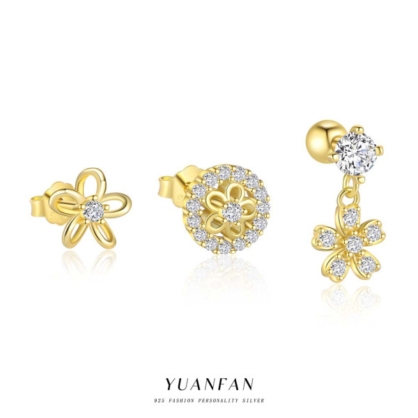 A44347 s925 sterling silver rhinestone flower stud earrings
