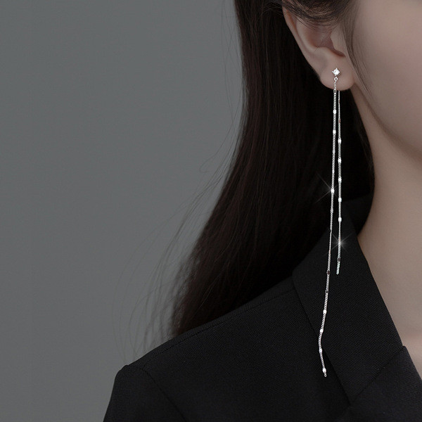 A33807 s925 sterling silver chic long sequin chain tassel earrings