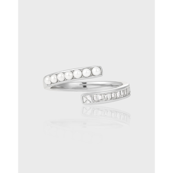 A40945 simple elegant square rhinestone pearl s925 sterling silver adjustable ring