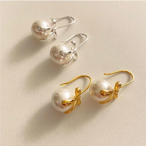 A37139 sweet 925 sterling silver bow pearl earrings