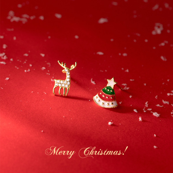 A44804 sweet symmetric christmas tree rhinestone deer stud earrings