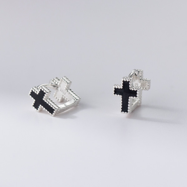 A46136 s925 sterling silver dainty simple fashion double black cross ear buckle