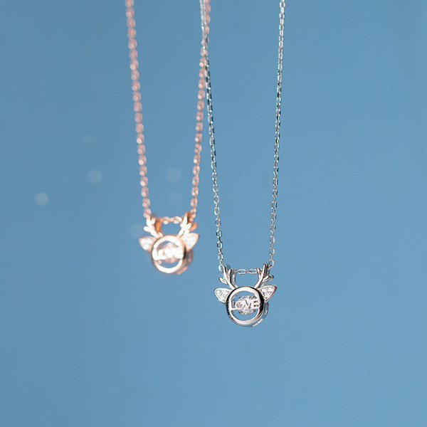 A34525 s925 sterling silver rhinestone deer hollowed initial necklace