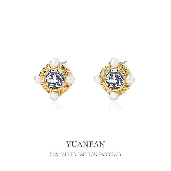 A39346 sterling silver vintage bird stud pearl earrings