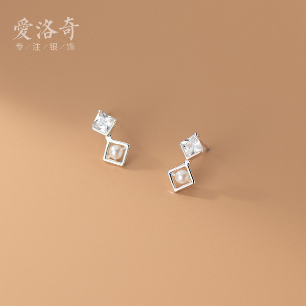 A33229 s925 sterling silver chic simple rhombic rhinestone pearl trendy sweet geometric earrings