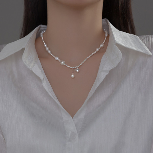 A44979 s925 silver pearl heart elegant sweet fringe necklace