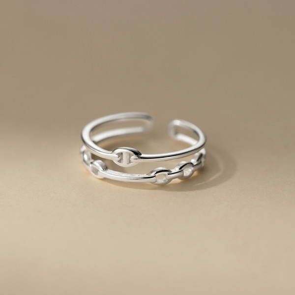 A44156 s925 sterling silver minimalist hollowed double layered chain bar ring