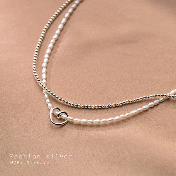 A31219 s925 sterling silver pearl heart fashion chic doublelayer necklace