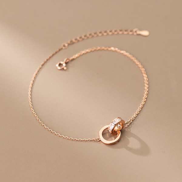 A34293 s925 sterling silver rhinestone double anklet trendy simple adjustabl bracelet