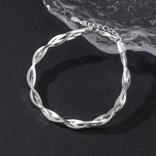 A46066 s925 silver dainty simple square braided twist charm bracelet