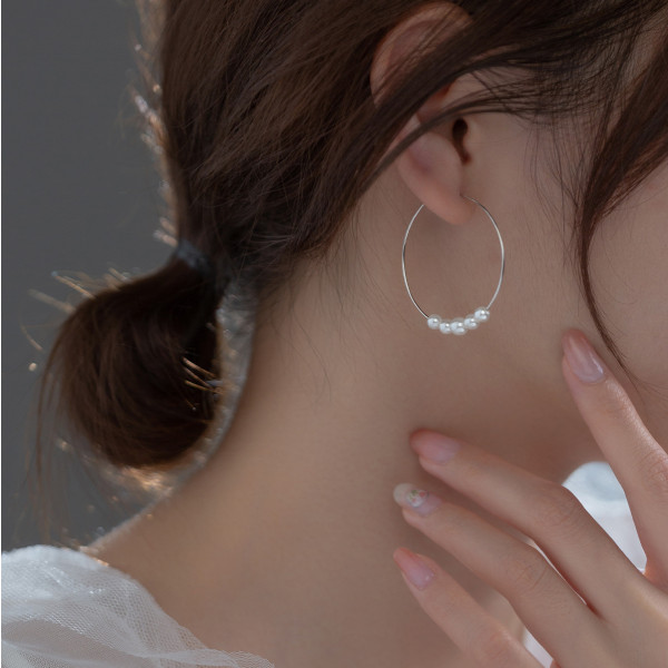A36667 s925 sterling silver simple circle pearl sweet chic hoop earrings