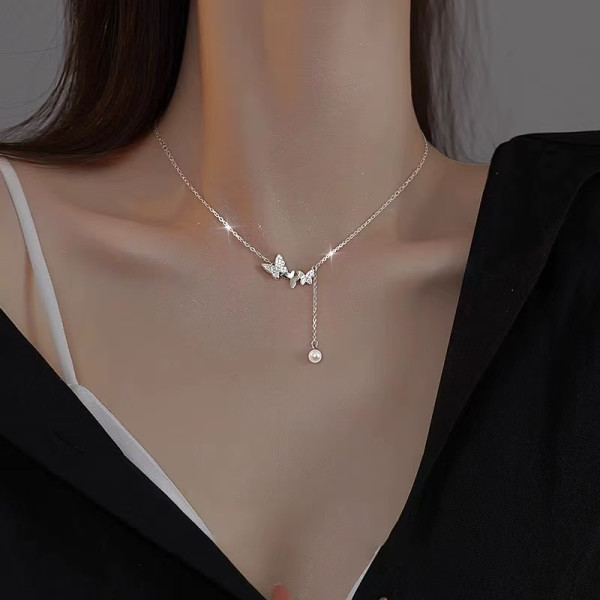 A46176 s925 sterling silver rhinestone butterfly pearl fringe necklace