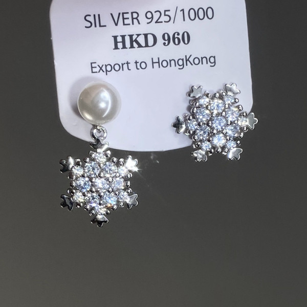 A39742 s925 silver christmas trendy rhinestone snowflake artificial pearl earrings
