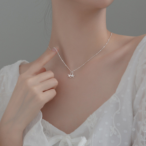 A34563 s925 sterling silver trendy rhinestone starfish necklace
