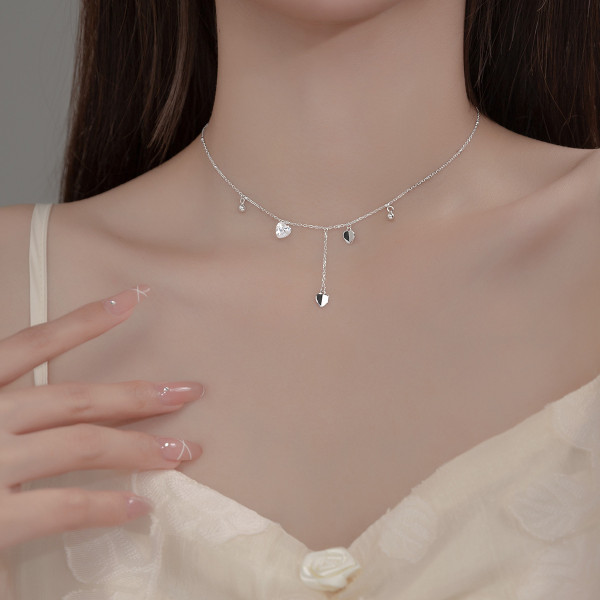 A35351 s925 sterling silver heart tassel necklace