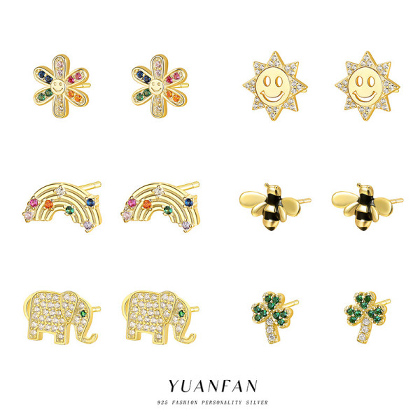A43006 s925 sterling silver unique stud design flower sun bee earrings
