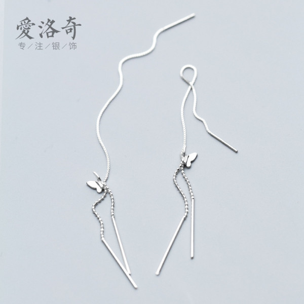 A40660 s925 silver sweet butterfly string elegant fringe long earrings