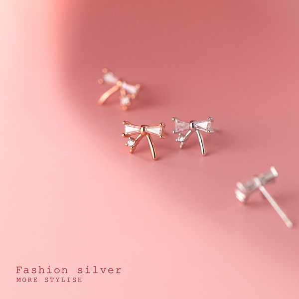 A31675 s925 sterling silver chic simple bow sweet cute rhinestone earrings
