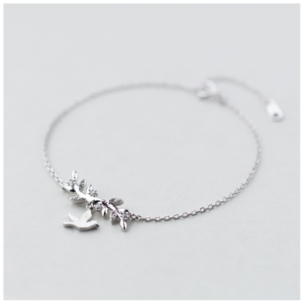 S0009 925 Sterling silver cubic zirconia stone pigeon bird leaf charm bracelet