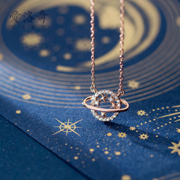 A45389 s925 silver trendy stars rhinestone circle hollowed necklace