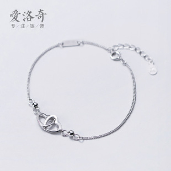 A42129 s925 silver charm hollowed double heart bracelet